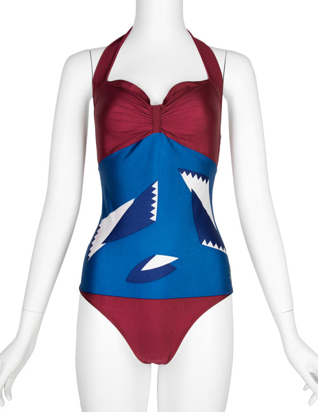 Yves Saint Laurent Vintage 1970s Geometric Print Halter Swimsuit