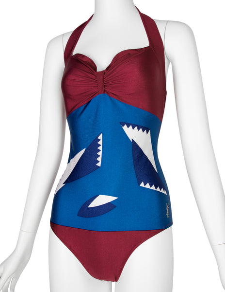 Yves Saint Laurent Vintage 1970s Geometric Print Halter Swimsuit