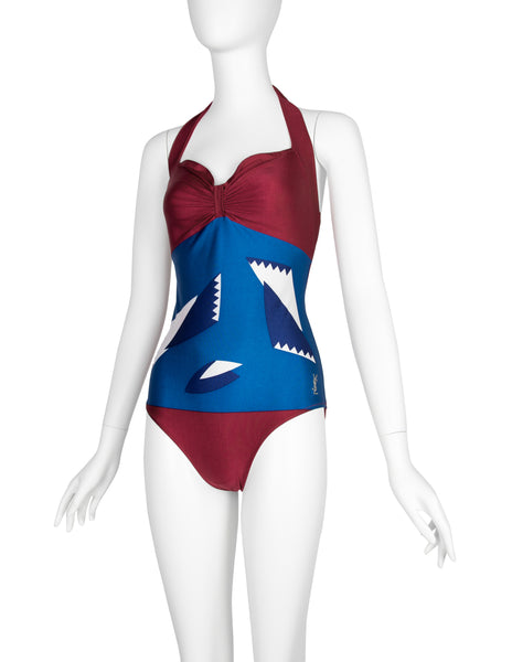 Yves Saint Laurent Vintage 1970s Geometric Print Halter Swimsuit