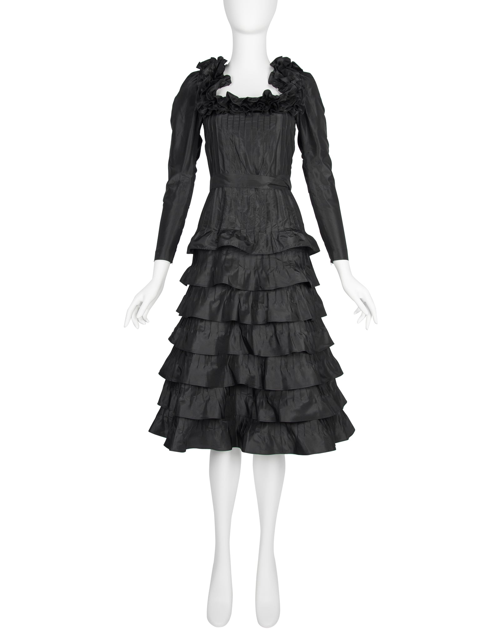 Yves Saint Laurent Haute Couture Vintage AW 1971 Black Silk Taffeta Ruffled Dress