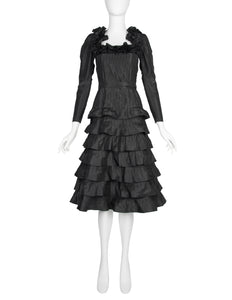 Yves Saint Laurent Haute Couture Vintage AW 1971 Black Silk Taffeta Ruffled Dress
