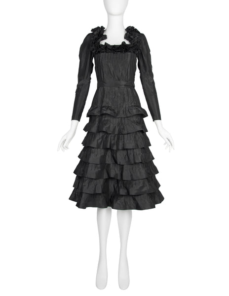 Yves Saint Laurent Haute Couture Vintage AW 1971 Black Silk Taffeta Ruffled Dress