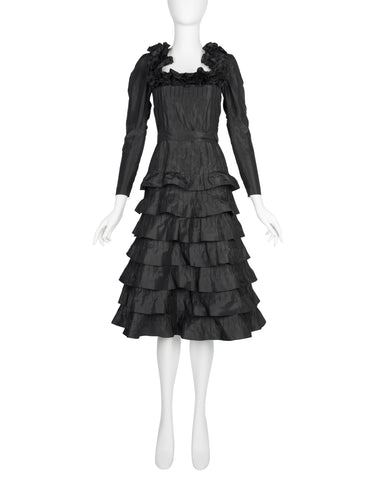 Yves Saint Laurent Haute Couture Vintage AW 1971 Black Silk Taffeta Ruffled Dress