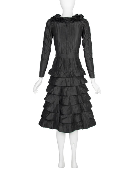 Yves Saint Laurent Haute Couture Vintage AW 1971 Black Silk Taffeta Ruffled Dress
