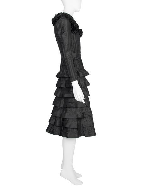 Yves Saint Laurent Haute Couture Vintage AW 1971 Black Silk Taffeta Ruffled Dress