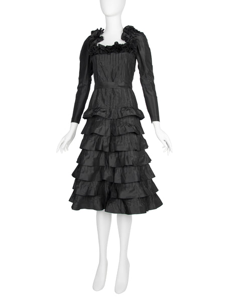 Yves Saint Laurent Haute Couture Vintage AW 1971 Black Silk Taffeta Ruffled Dress