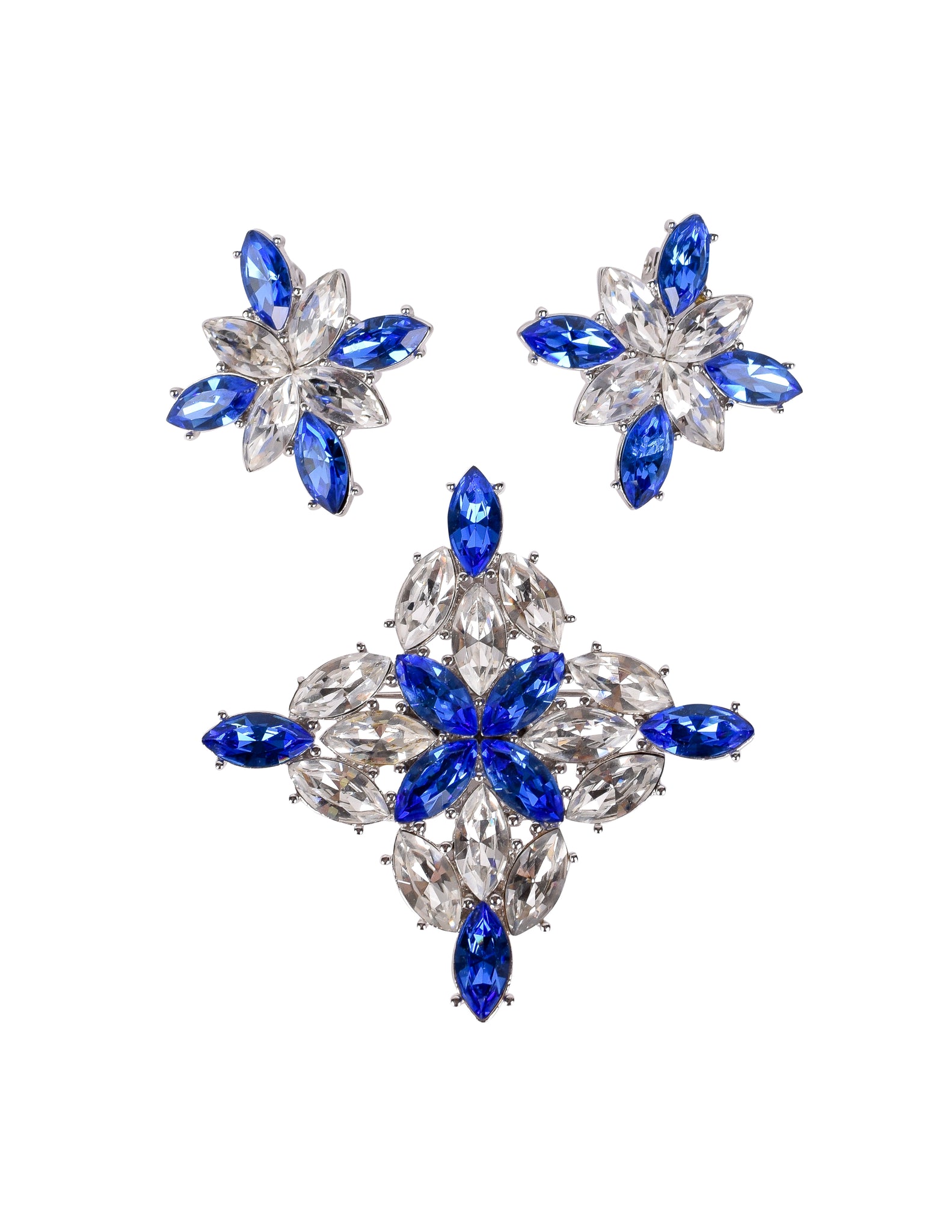 Yves Saint Laurent Vintage Numbered Large Blue Clear Crystal Brooch and Earrings Set