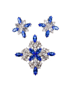 Yves Saint Laurent Vintage Numbered Large Blue Clear Crystal Brooch and Earrings Set