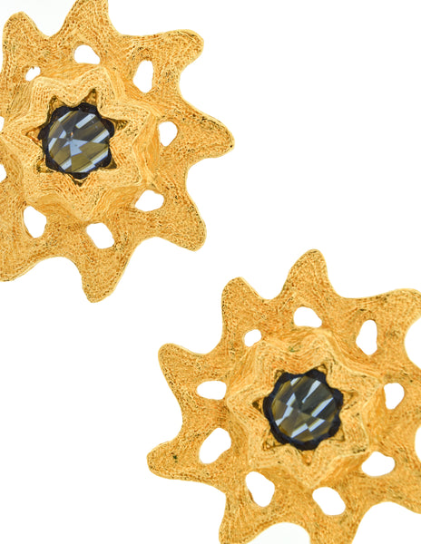 Yves Saint Laurent Vintage Blue Rivoli Hammered Golden Sunburst Earrings