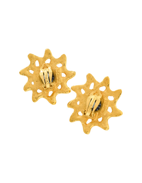 Yves Saint Laurent Vintage Blue Rivoli Hammered Golden Sunburst Earrings