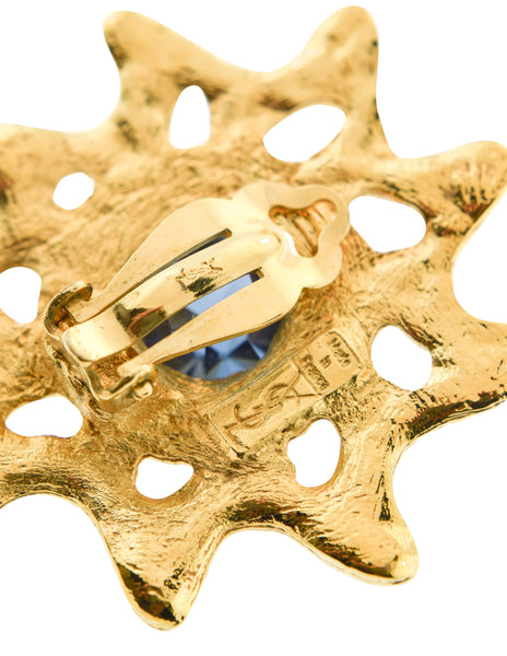 Yves Saint Laurent Vintage Blue Rivoli Hammered Golden Sunburst Earrings