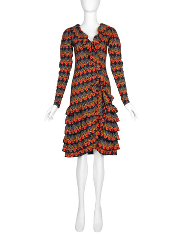 Yves Saint Laurent  Haute Couture Vintage AW 1971 Optical Floral Print Silk Ruffle Dress