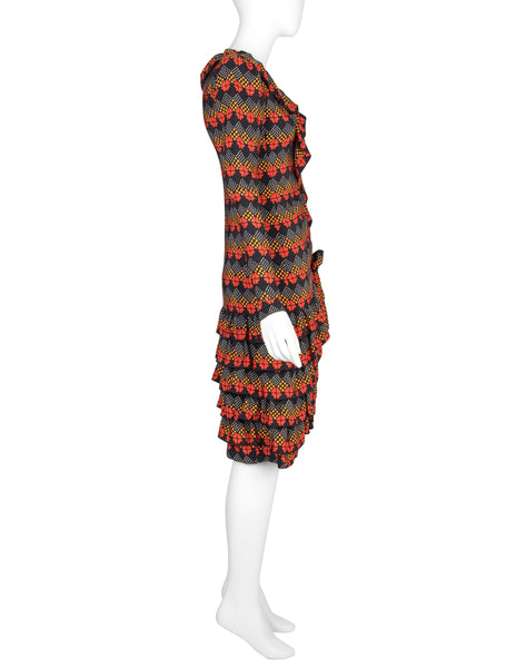 Yves Saint Laurent  Haute Couture Vintage AW 1971 Optical Floral Print Silk Ruffle Dress