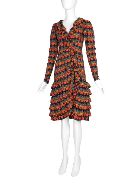 Yves Saint Laurent  Haute Couture Vintage AW 1971 Optical Floral Print Silk Ruffle Dress