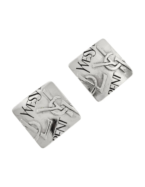 Yves Saint Laurent Vintage Silver YSL Logo Square Statement Earrings