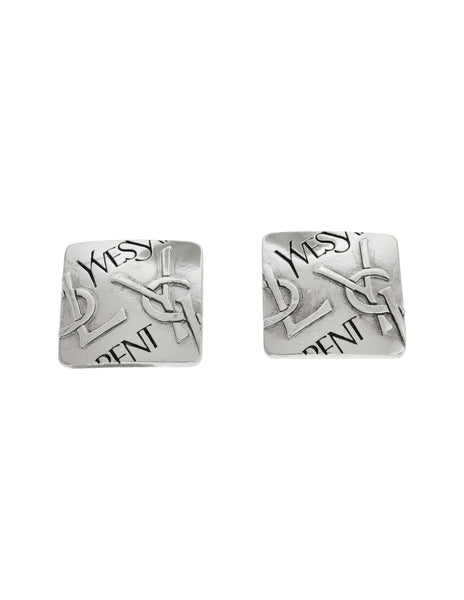 Yves Saint Laurent Vintage Silver YSL Logo Square Statement Earrings