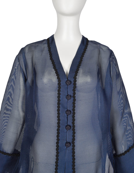 Yves Saint Laurent Vintage 1990s Navy Blue Sheer Silk Oversized Cardigan Duster