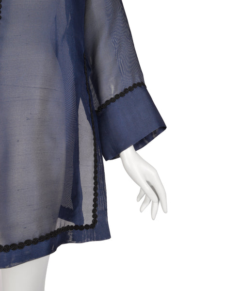 Yves Saint Laurent Vintage 1990s Navy Blue Sheer Silk Oversized Cardigan Duster
