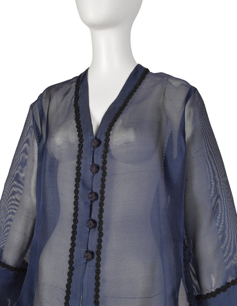 Yves Saint Laurent Vintage 1990s Navy Blue Sheer Silk Oversized Cardigan Duster