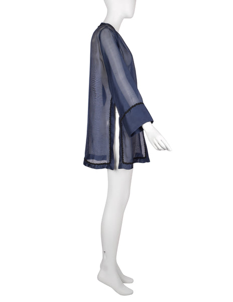 Yves Saint Laurent Vintage 1990s Navy Blue Sheer Silk Oversized Cardigan Duster
