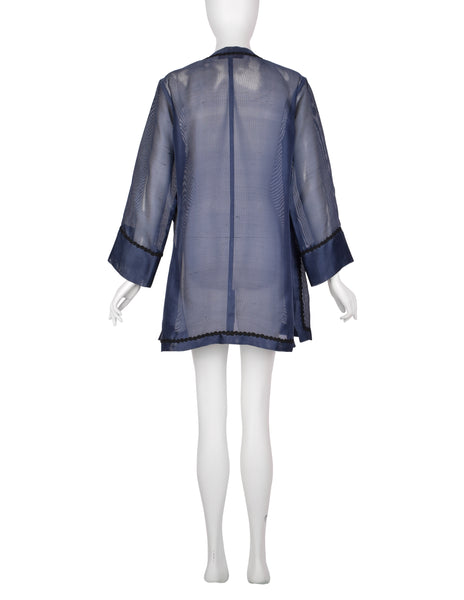 Yves Saint Laurent Vintage 1990s Navy Blue Sheer Silk Oversized Cardigan Duster