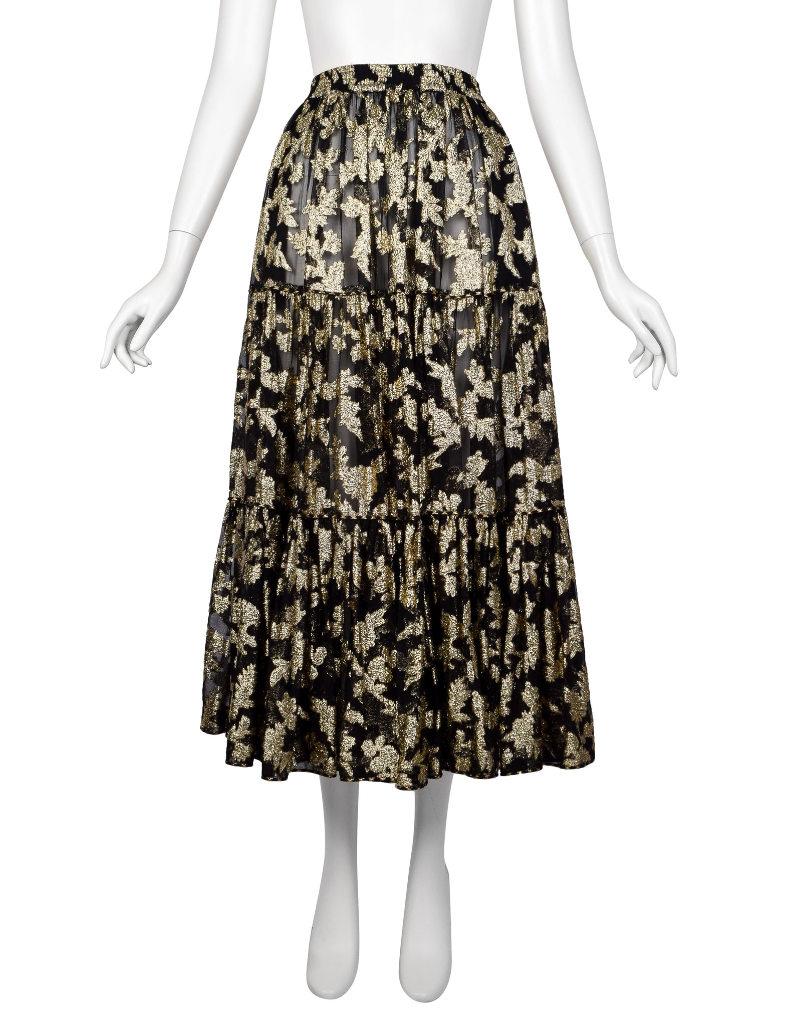 Yves Saint Laurent Vintage 1970s Golden Floral Jacquard Black Sheer Silk Chiffon Skirt