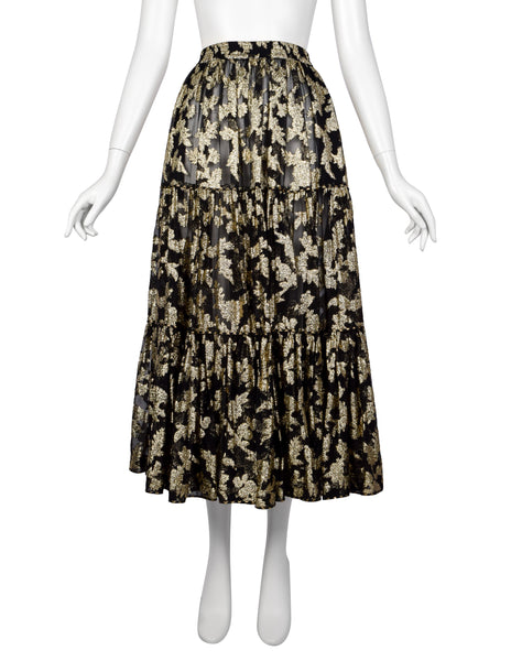 Yves Saint Laurent Vintage 1970s Golden Floral Jacquard Black Sheer Silk Chiffon Skirt