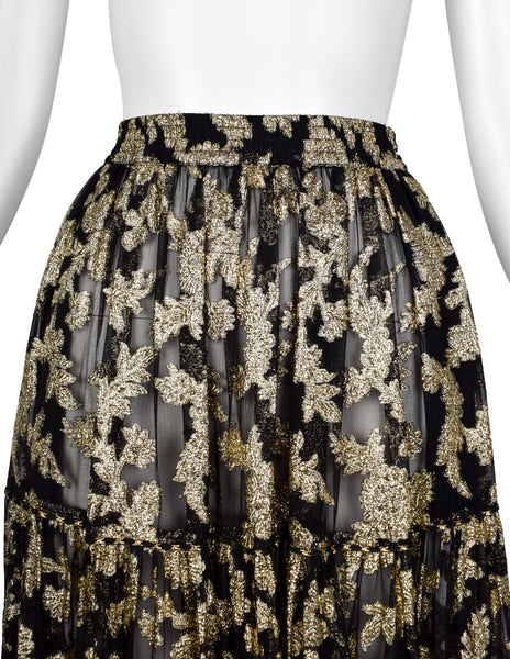 Yves Saint Laurent Vintage 1970s Golden Floral Jacquard Black Sheer Silk Chiffon Skirt