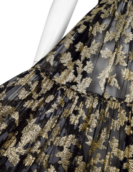 Yves Saint Laurent Vintage 1970s Golden Floral Jacquard Black Sheer Silk Chiffon Skirt