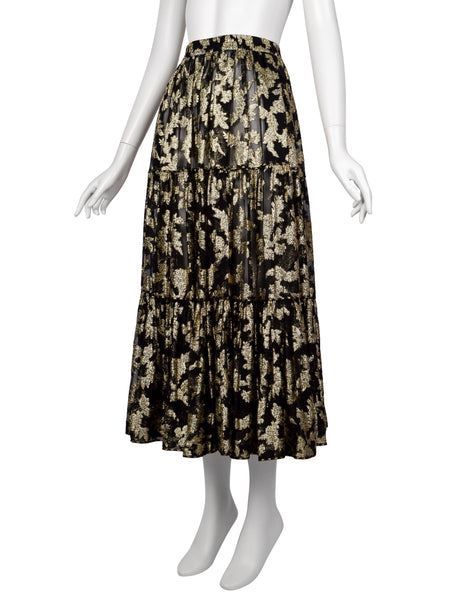 Yves Saint Laurent Vintage 1970s Golden Floral Jacquard Black Sheer Silk Chiffon Skirt