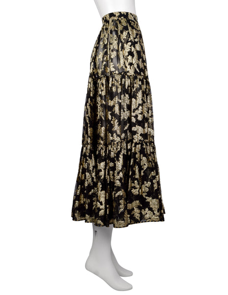 Yves Saint Laurent Vintage 1970s Golden Floral Jacquard Black Sheer Silk Chiffon Skirt