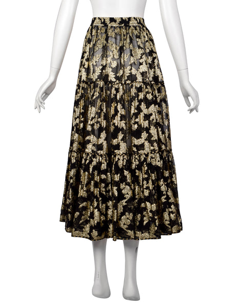 Yves Saint Laurent Vintage 1970s Golden Floral Jacquard Black Sheer Silk Chiffon Skirt