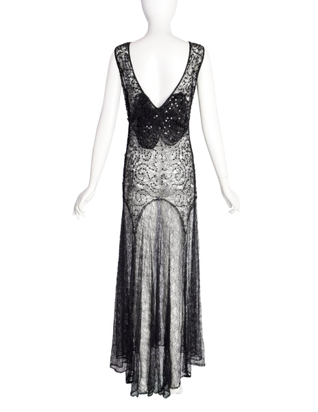 Vintage 1930s Sheer Black Chantilly Lace Sequin Bow Detail Full Length Dress
