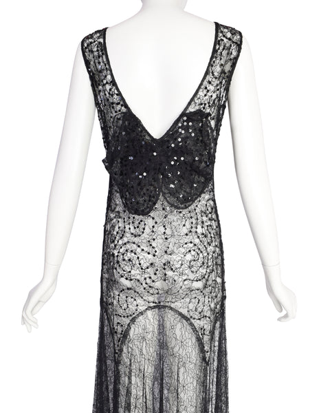Vintage 1930s Sheer Black Chantilly Lace Sequin Bow Detail Full Length Dress