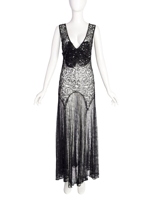 Vintage 1930s Sheer Black Chantilly Lace Sequin Bow Detail Full Length Amarcord Vintage Fashion Vintage 1930s Sheer Black Chantilly Lace Sequin Bow Detail Full Length Amarcord Vintage Fashion