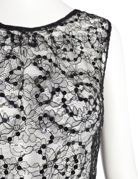 Vintage 1930s Sheer Black Chantilly Lace Sequin Bow Detail Full Length Dress