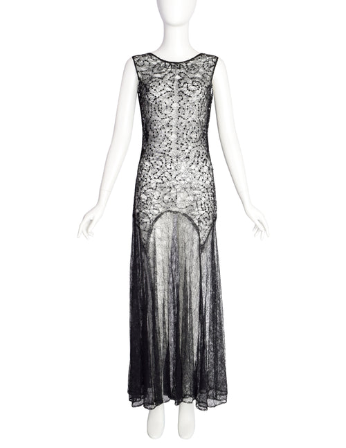 Vintage 1930s Sheer Black Chantilly Lace Sequin Bow Detail Full Length   Amarcord Vintage Fashion