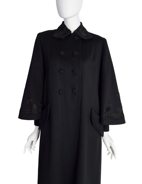 Hartley Vintage 1940s Black Wool Embellished Double Breasted Coat