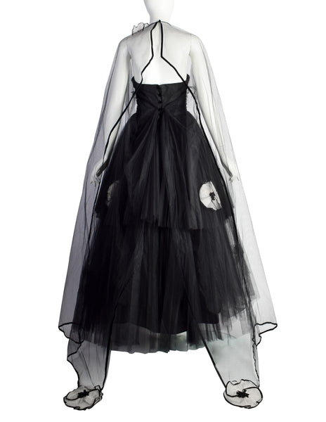 Vintage 1950s Couture Black Pleated Tulle with Flowers Strapless Gown