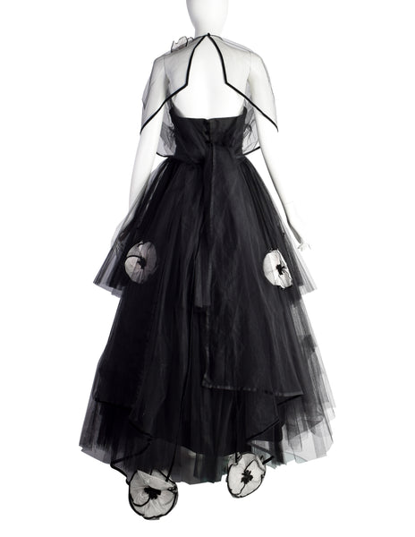 Vintage 1950s Couture Black Pleated Tulle with Flowers Strapless Gown