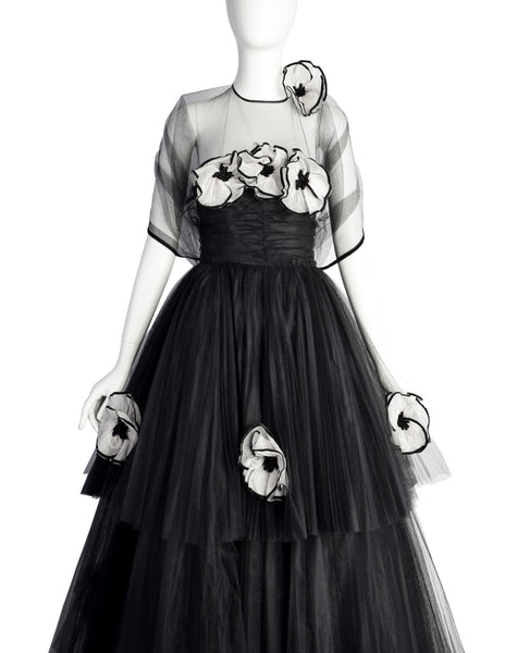 Vintage 1950s Couture Black Pleated Tulle with Flowers Strapless Gown
