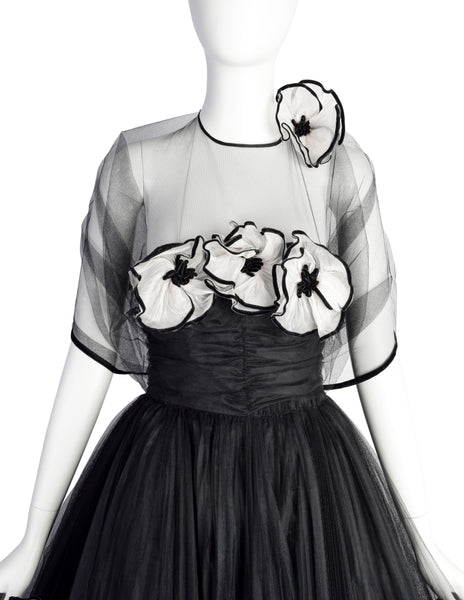 Vintage 1950s Couture Black Pleated Tulle with Flowers Strapless Gown
