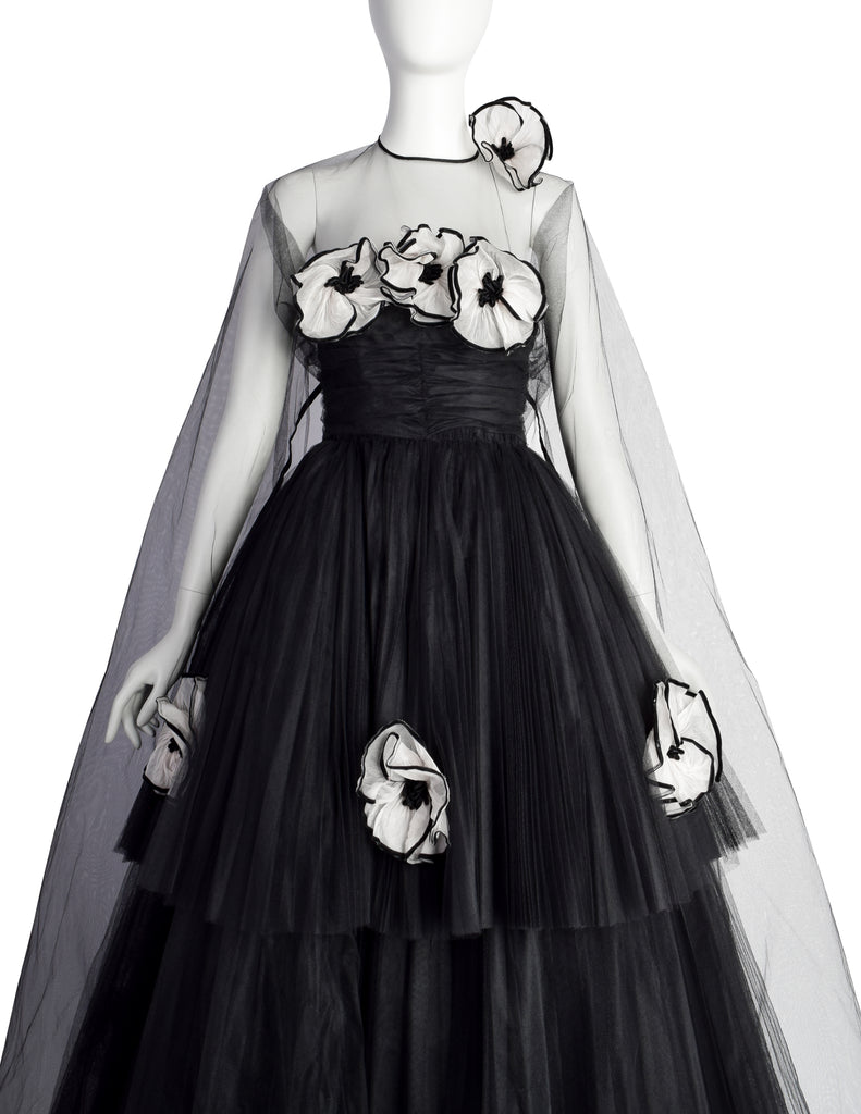 Vintage 1950s Couture Black Pleated Tulle with Flowers Strapless Gown Amarcord Vintage Fashion Vintage 1950s Couture Black Pleated Tulle with Flowers Strapless Gown Amarcord Vintage Fashion