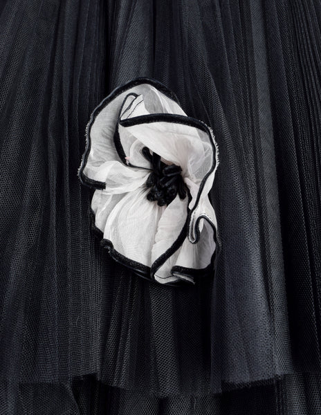 Vintage 1950s Couture Black Pleated Tulle with Flowers Strapless Gown