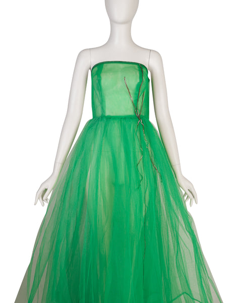 1950s Vintage Green Sheer Tulle Full Circle Skirt Princess Party Dress