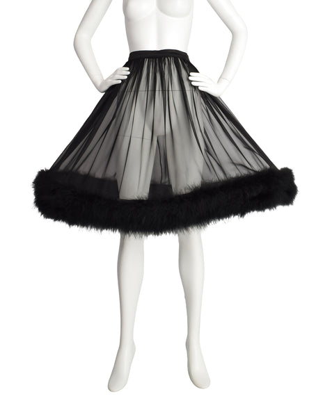 Vintage 1950s Black Chiffon Marabou Feather Trim Petticoat Skirt