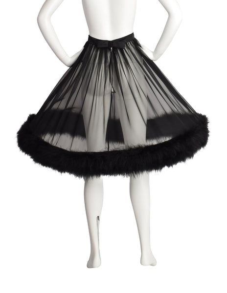 Vintage 1950s Black Chiffon Marabou Feather Trim Petticoat Skirt