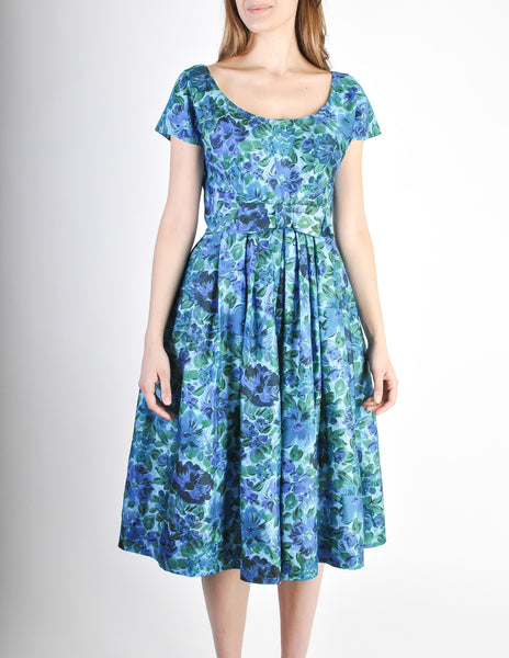 Vintage 1950s Blue Floral Raw Silk Full Skirt Dress
