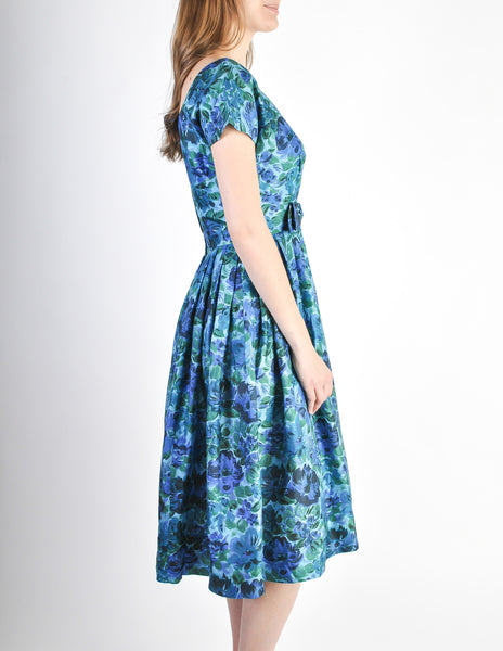 Vintage 1950s Blue Floral Raw Silk Full Skirt Dress