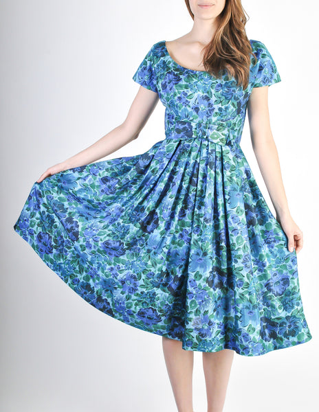Vintage 1950s Blue Floral Raw Silk Full Skirt Dress